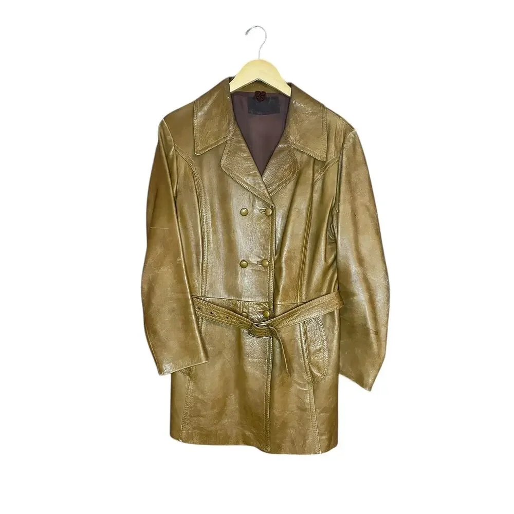 Distressed Vintage Leather Jacket Mens Medium Tan Taupe Retro 70s 80s Classic